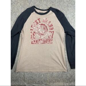 Vintage Lucky Brand T-Shirt Men's XL Beige Black Raglan Sleeve Graphic Print